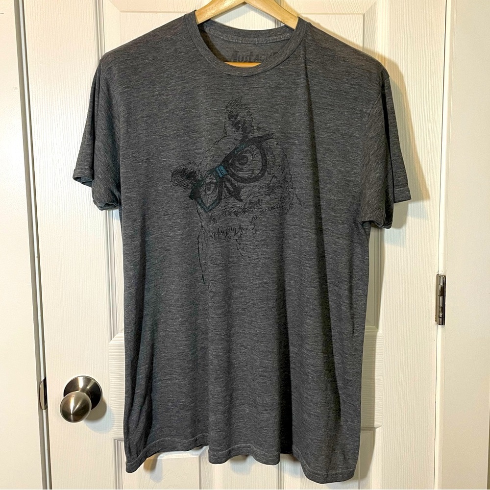 Mustache Brigade heather gray graphic tee w/ owl wearing glasses sz XL